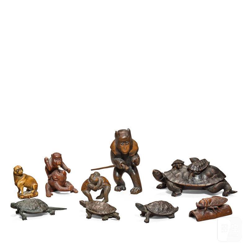 十九/二十世紀早期 銅、木、鹿角置物及根付 | A COLLECTION OF BRONZE, WOOD AND STAG ANTLER OKIMONO AND NETSUKE DEPICTING ANIMALS - 图7